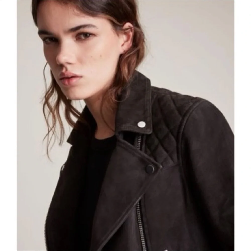 $499⬇️ALL SAINTS Caden suede Leather Jacket           faux fur trim - Picture 4 of 7